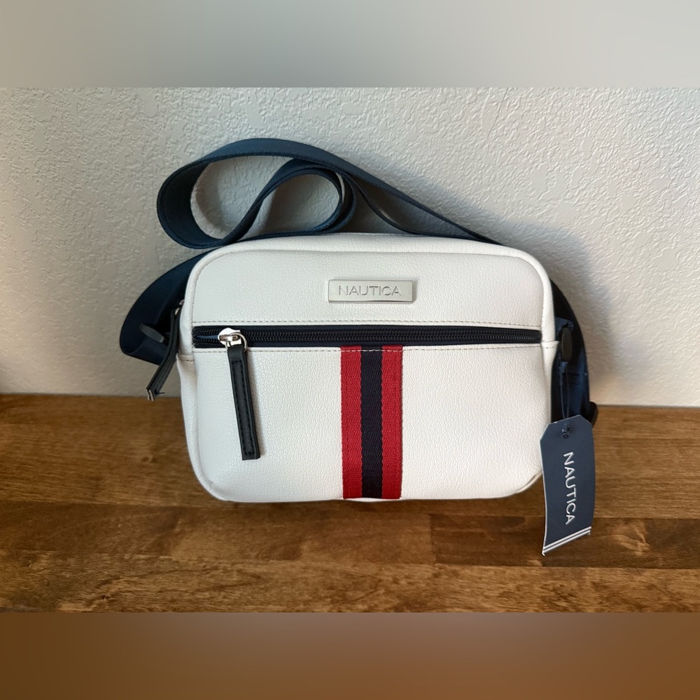 Nautica White Camera Crossbody Bag with Red Stripe – Vegan Non Leather – NWT